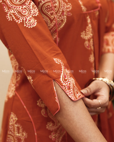 South Cotton 3-Panel Dress Kurti | Shirt Collar + Potli Buttons| Terracotta Orange