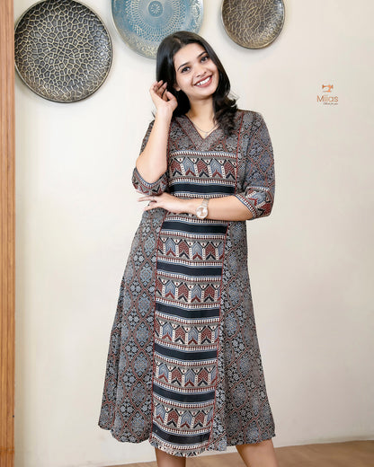 Pure Modal Silk Kurti Dress - V-Neck Panel & A-Line Back Elegance-Base Colour Black.