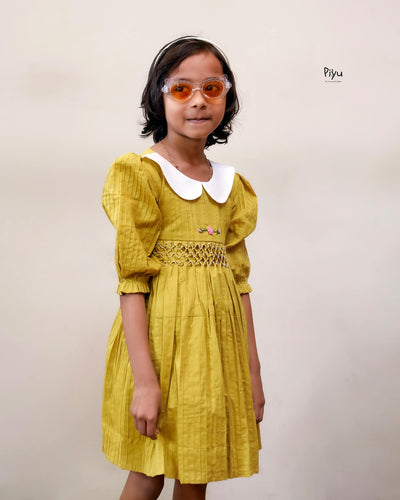 Cotton Pintuck Frock | Smocked Floral Yoke | Yellow