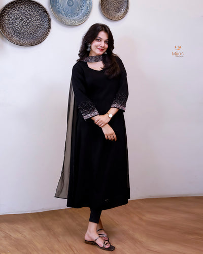 Georgette Two-Piece Set | Beaded Panel Top + Dupatta | Jet Black