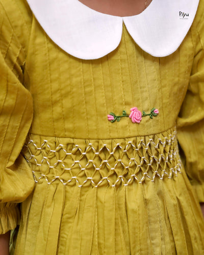 Cotton Pintuck Frock | Smocked Floral Yoke | Yellow