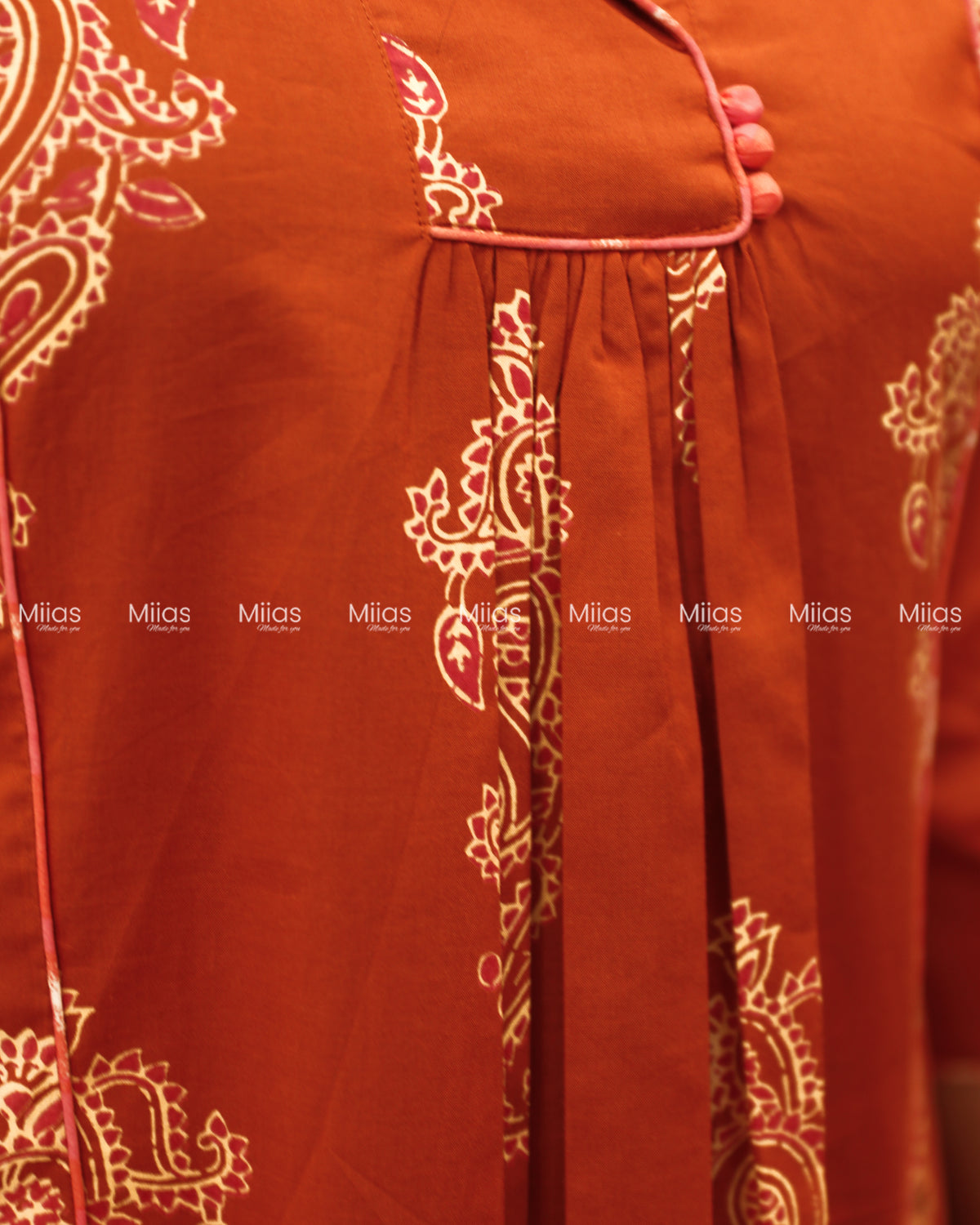 South Cotton 3-Panel Dress Kurti | Shirt Collar + Potli Buttons| Terracotta Orange