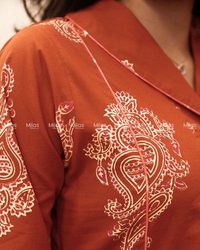 South Cotton 3-Panel Dress Kurti | Shirt Collar + Potli Buttons| Terracotta Orange