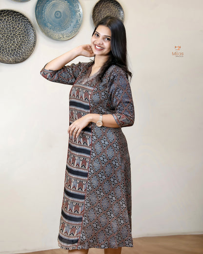 Pure Modal Silk Kurti Dress - V-Neck Panel & A-Line Back Elegance-Base Colour Black.