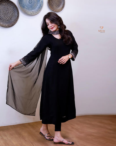 Georgette Two-Piece Set | Beaded Panel Top + Dupatta | Jet Black