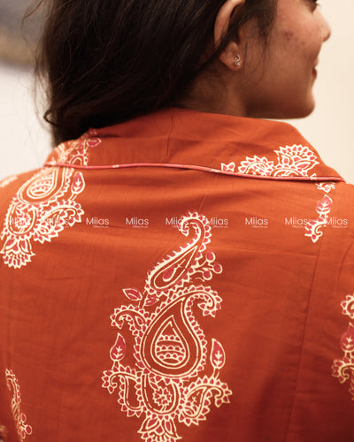 South Cotton 3-Panel Dress Kurti | Shirt Collar + Potli Buttons| Terracotta Orange