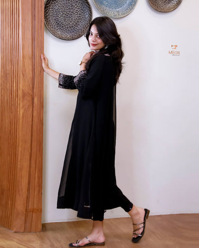 Georgette Two-Piece Set | Beaded Panel Top + Dupatta | Jet Black