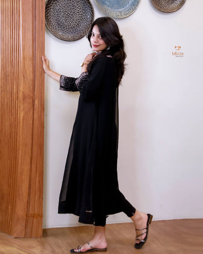 Georgette Two-Piece Set | Beaded Panel Top + Dupatta | Jet Black
