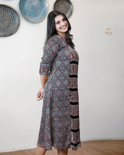 Pure Modal Silk Kurti Dress - V-Neck Panel & A-Line Back Elegance-Base Colour Black.