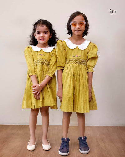 Cotton Pintuck Frock | Smocked Floral Yoke | Yellow