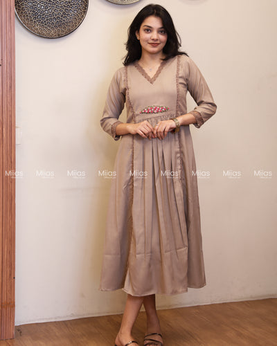 Flex Cotton 3-Panel Dress Kurti | Bullion Rose + Lace | Taupe