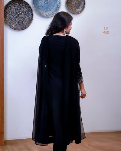 Georgette Two-Piece Set | Beaded Panel Top + Dupatta | Jet Black