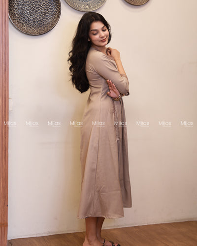 Flex Cotton 3-Panel Dress Kurti | Bullion Rose + Lace | Taupe
