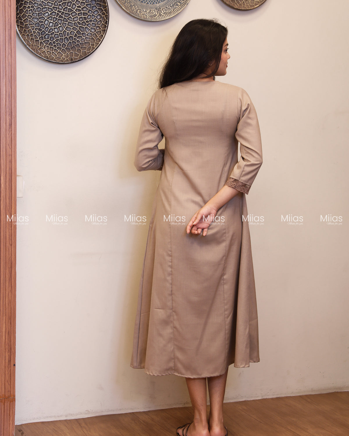 Flex Cotton 3-Panel Dress Kurti | Bullion Rose + Lace | Taupe