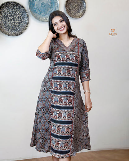Pure Modal Silk Kurti Dress - V-Neck Panel & A-Line Back Elegance-Base Colour Black.