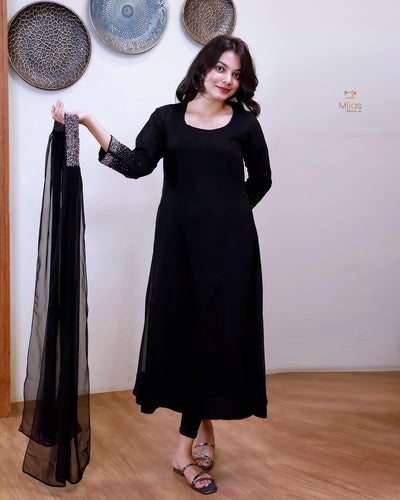 Georgette Two-Piece Set | Beaded Panel Top + Dupatta | Jet Black
