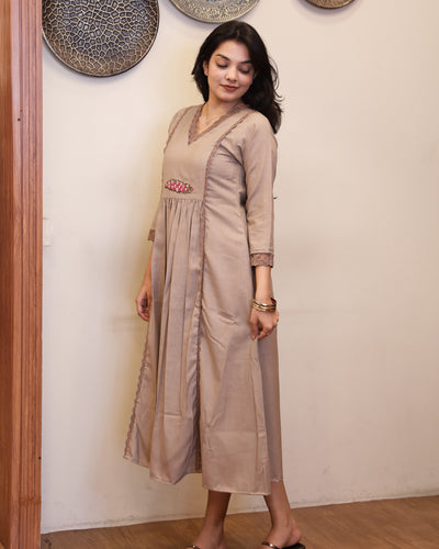 Flex Cotton 3-Panel Dress Kurti | Bullion Rose + Lace | Taupe