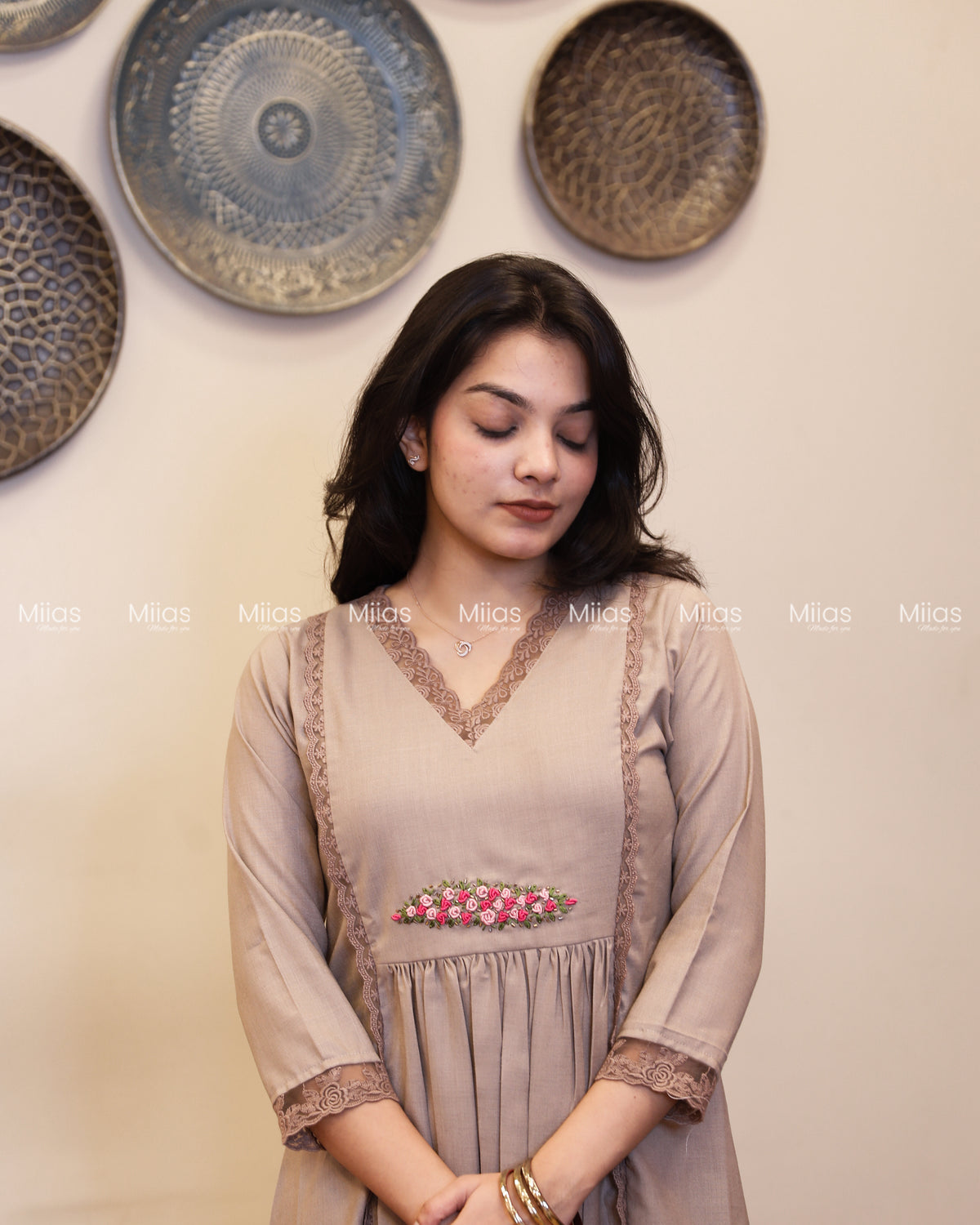 Flex Cotton 3-Panel Dress Kurti | Bullion Rose + Lace | Taupe
