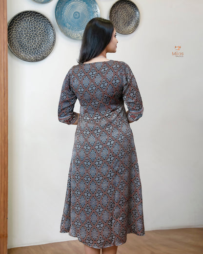 Pure Modal Silk Kurti Dress - V-Neck Panel & A-Line Back Elegance-Base Colour Black.