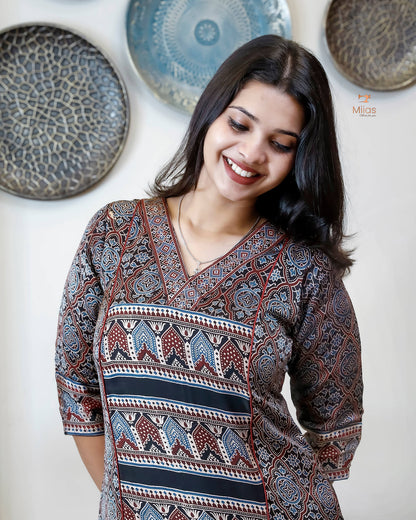 Pure Modal Silk Kurti Dress - V-Neck Panel & A-Line Back Elegance-Base Colour Black.
