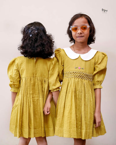 Cotton Pintuck Frock | Smocked Floral Yoke | Yellow