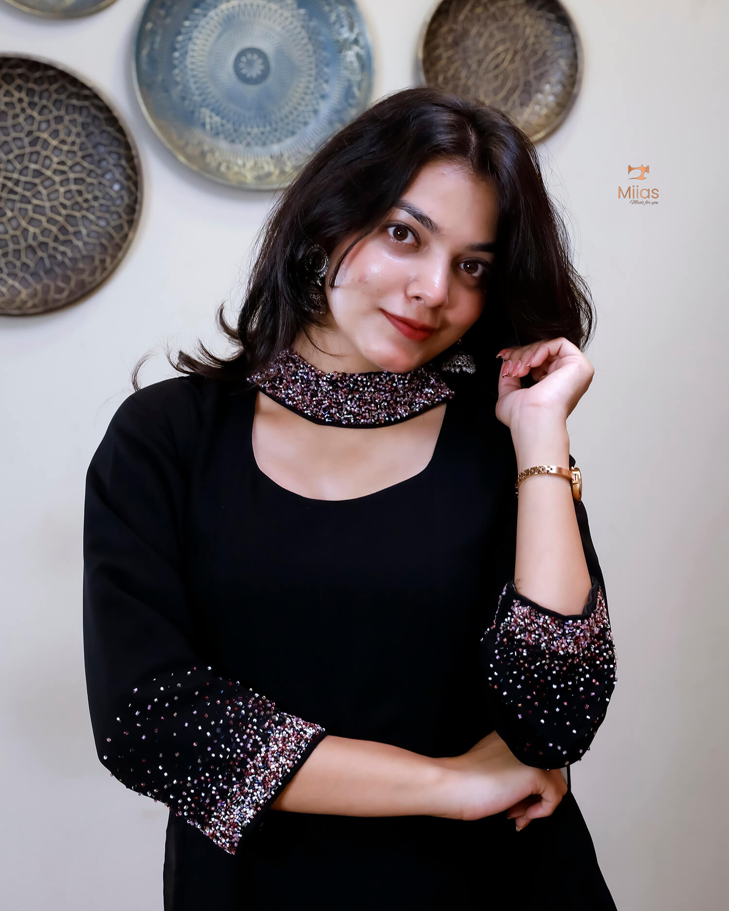 Georgette Two-Piece Set | Beaded Panel Top + Dupatta | Jet Black