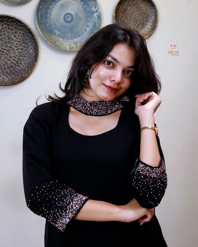 Georgette Two-Piece Set | Beaded Panel Top + Dupatta | Jet Black