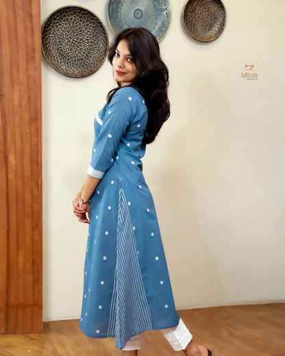 South Flex Cotton A-Line Kurti | Overlap Border + Pocket | Blue
