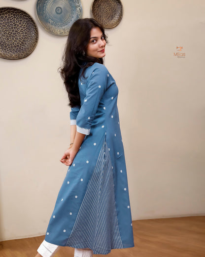 South Flex Cotton A-Line Kurti | Overlap Border + Pocket | Blue