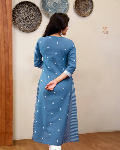 South Flex Cotton A-Line Kurti | Overlap Border + Pocket | Blue