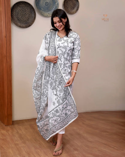 Super Net Suit Set: Graceful 3-Pc Embroidered Dresswear-Black Thread Work