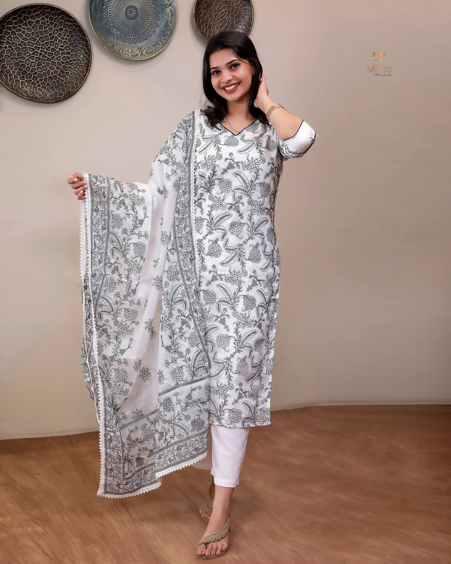 Super Net Suit Set: Graceful 3-Pc Embroidered Dresswear-Black Thread Work