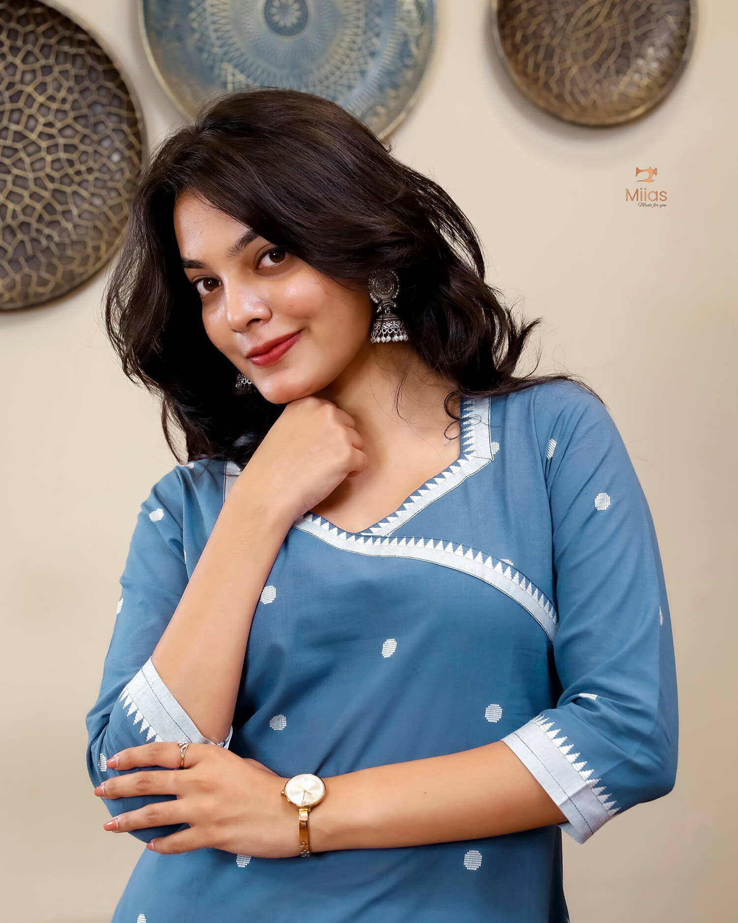 South Flex Cotton A-Line Kurti | Overlap Border + Pocket | Blue