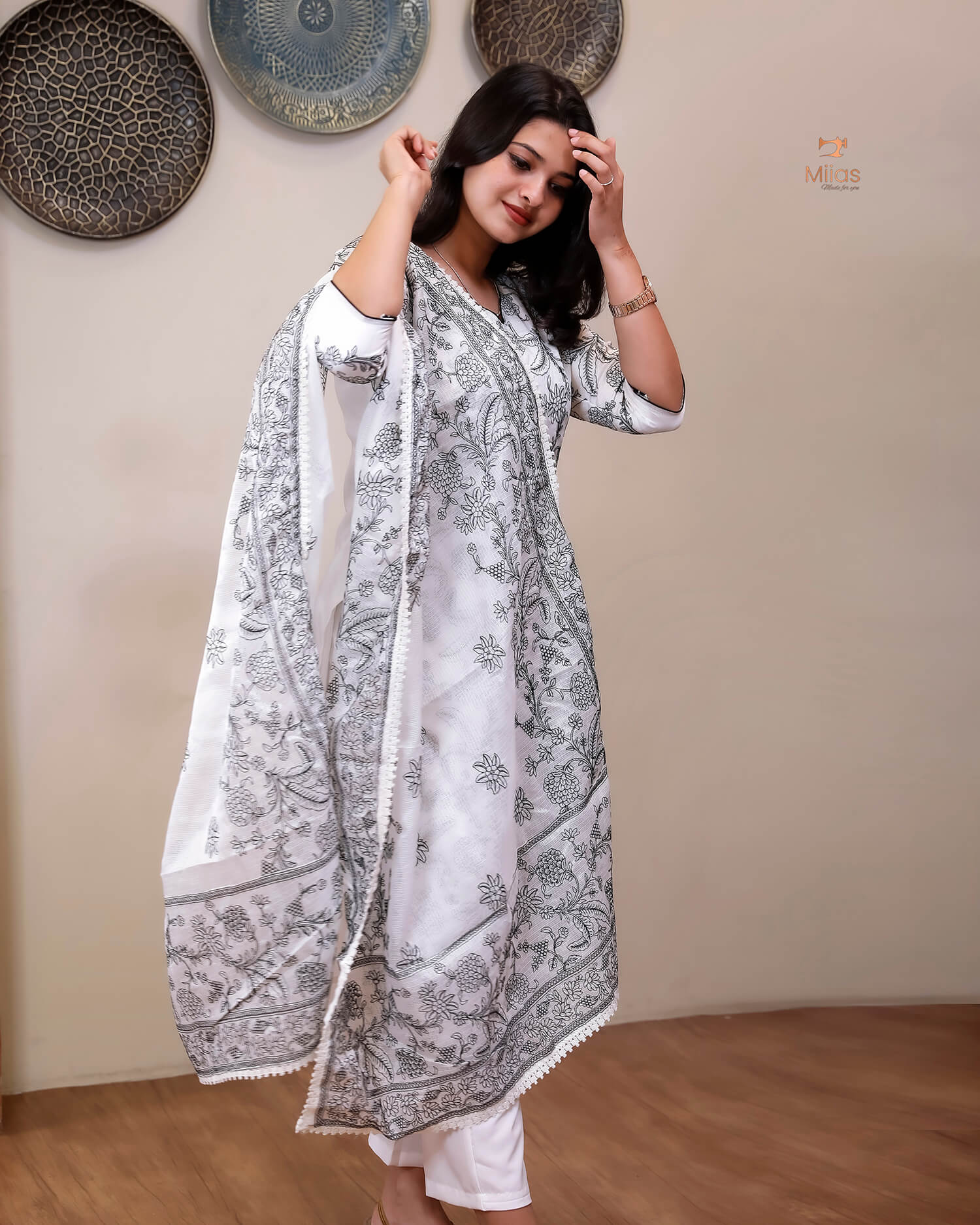 Super Net Suit Set: Graceful 3-Pc Embroidered Dresswear-Black Thread Work