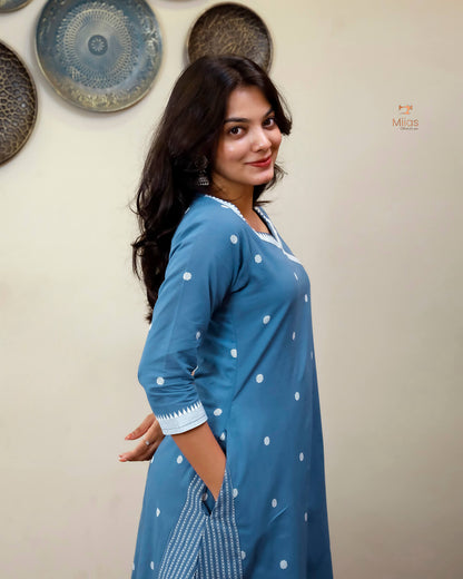 South Flex Cotton A-Line Kurti | Overlap Border + Pocket | Blue