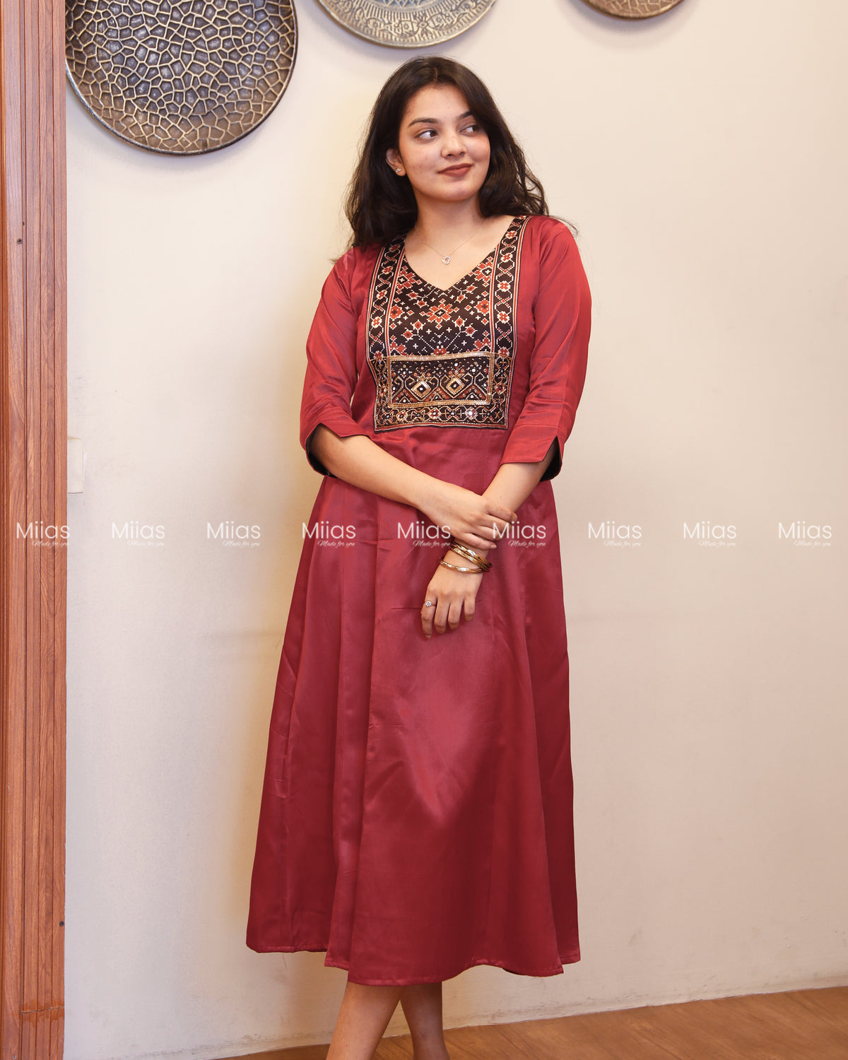 Mashru Silk 5-Panel Kurti | Beaded Sequin Mirror Yoke | Crimson Red