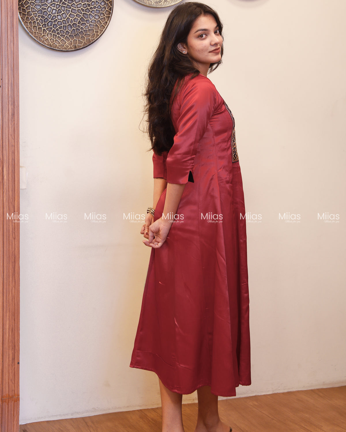 Mashru Silk 5-Panel Kurti | Beaded Sequin Mirror Yoke | Crimson Red