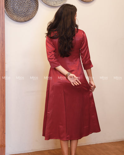 Mashru Silk 5-Panel Kurti | Beaded Sequin Mirror Yoke | Crimson Red
