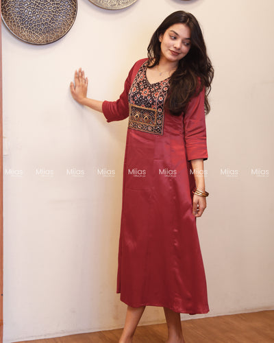 Mashru Silk 5-Panel Kurti | Beaded Sequin Mirror Yoke | Crimson Red