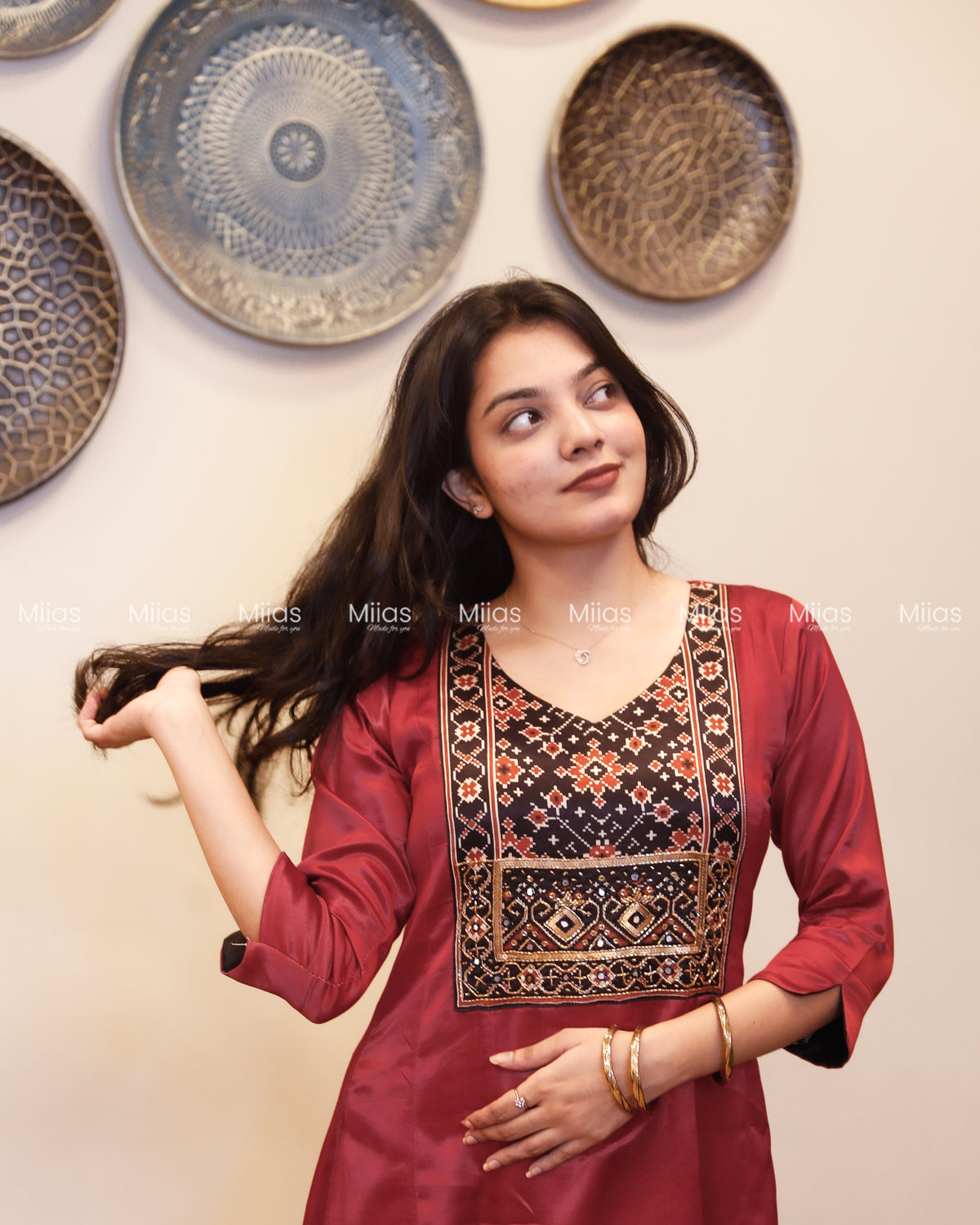 Mashru Silk 5-Panel Kurti | Beaded Sequin Mirror Yoke | Crimson Red