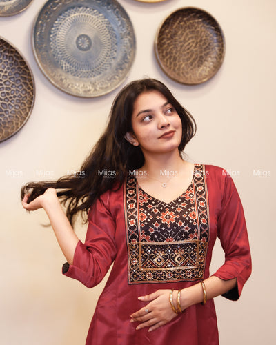 Mashru Silk 5-Panel Kurti | Beaded Sequin Mirror Yoke | Crimson Red