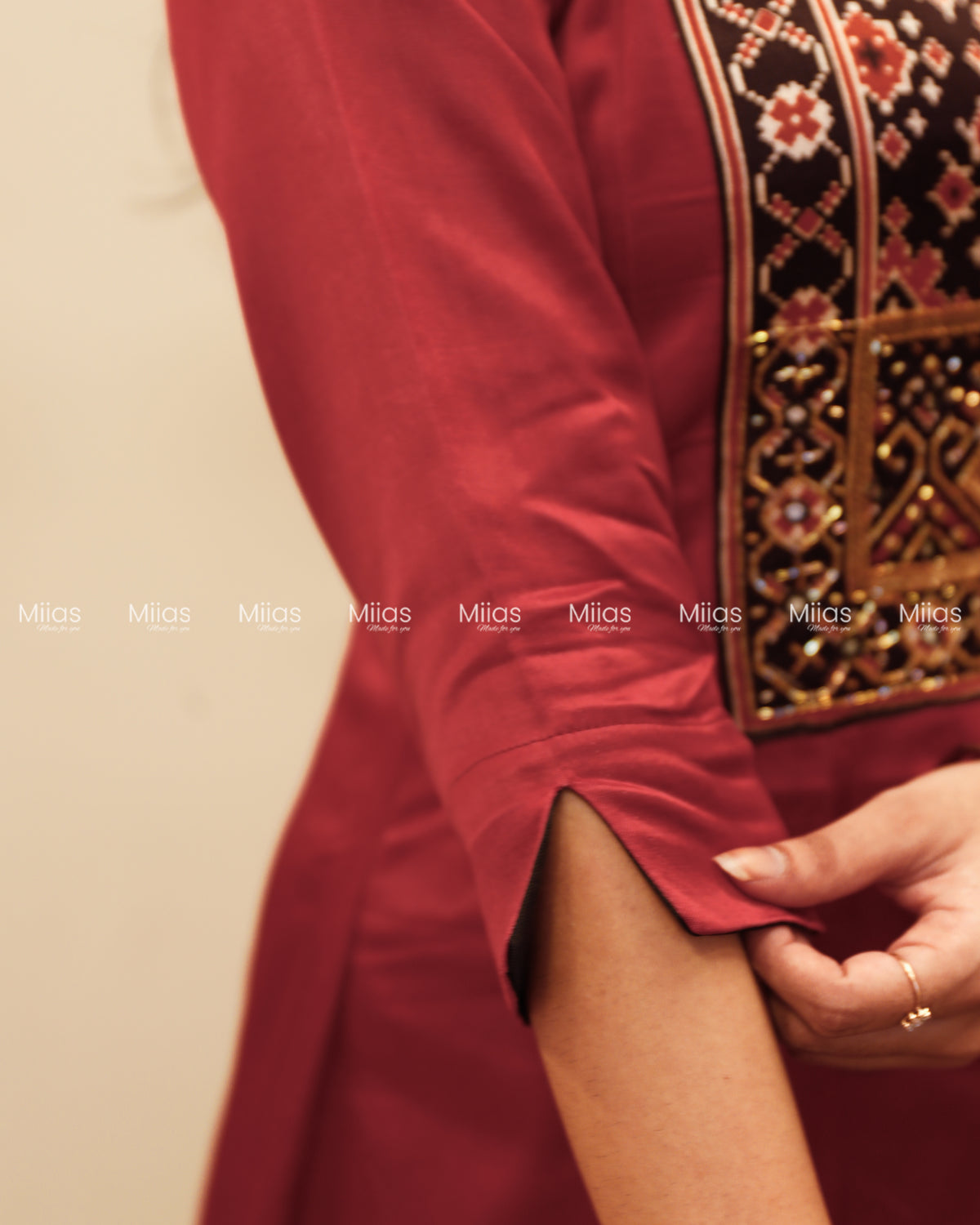 Mashru Silk 5-Panel Kurti | Beaded Sequin Mirror Yoke | Crimson Red