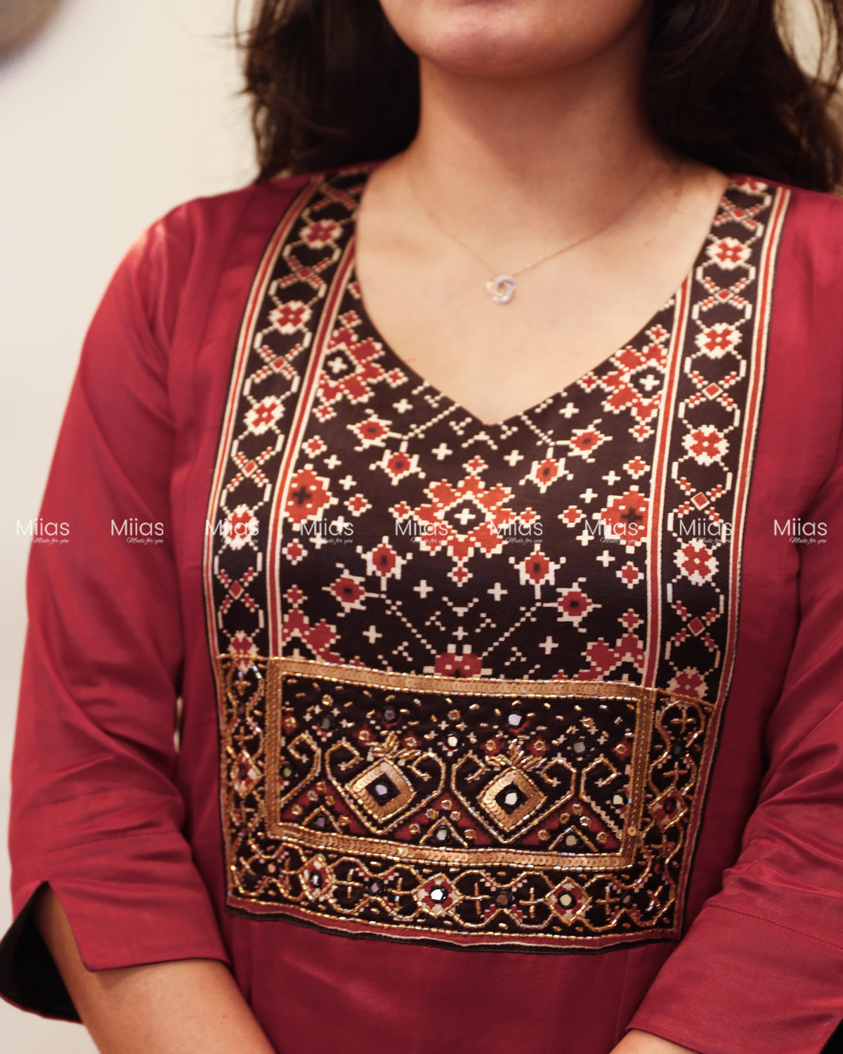 Mashru Silk 5-Panel Kurti | Beaded Sequin Mirror Yoke | Crimson Red