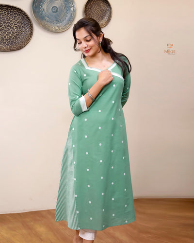 South Flex Cotton A-Line Kurti | Overlap Border + Pocket | Pista Green