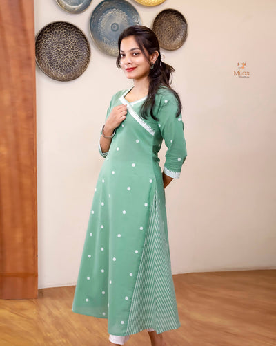 South Flex Cotton A-Line Kurti | Overlap Border + Pocket | Pista Green