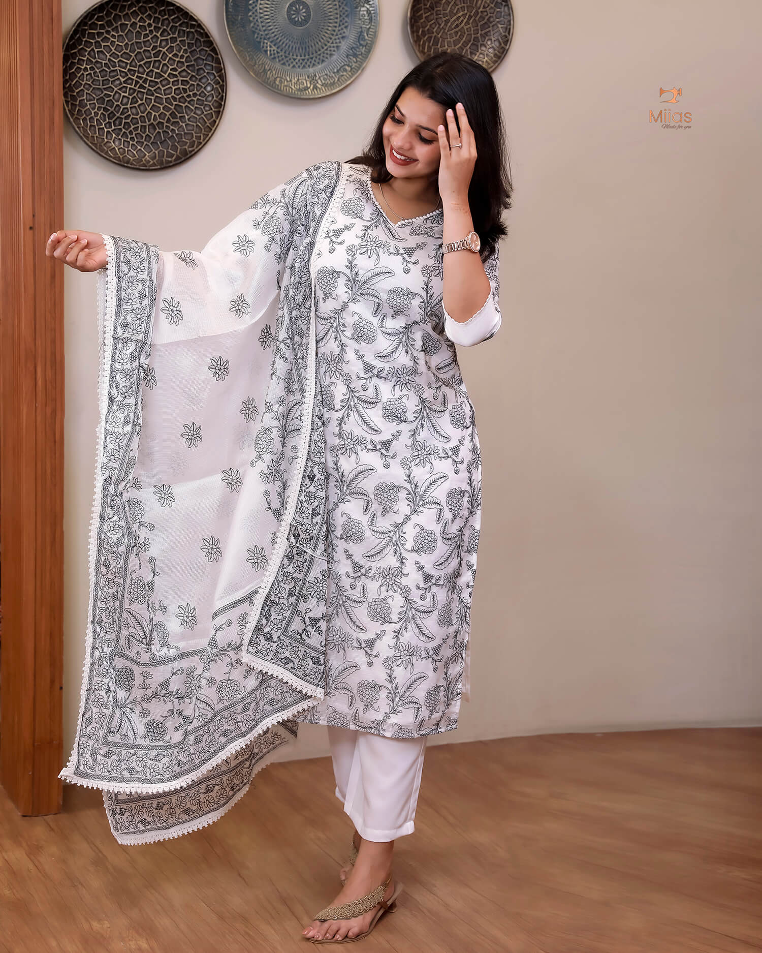 Super Net Suit Set: Graceful 3-Pc Embroidered Dresswear-Navy Blue Thread Work