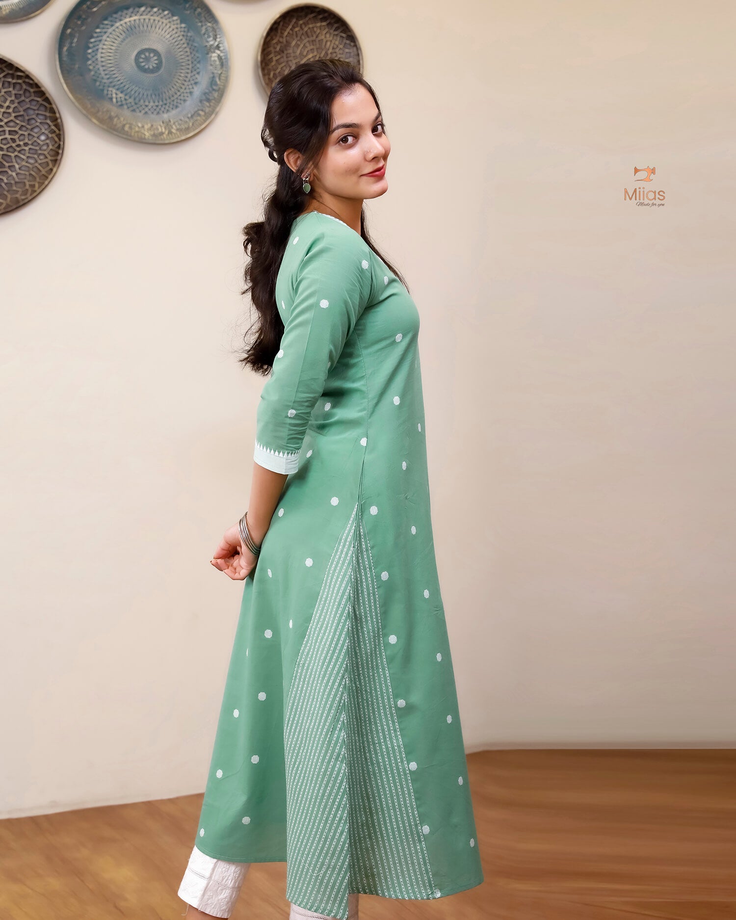 South Flex Cotton A-Line Kurti | Overlap Border + Pocket | Pista Green