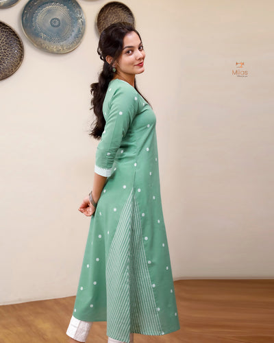 South Flex Cotton A-Line Kurti | Overlap Border + Pocket | Pista Green