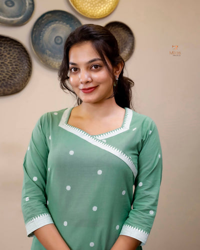 South Flex Cotton A-Line Kurti | Overlap Border + Pocket | Pista Green