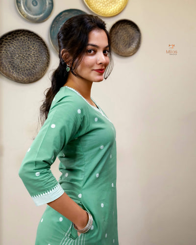 South Flex Cotton A-Line Kurti | Overlap Border + Pocket | Pista Green